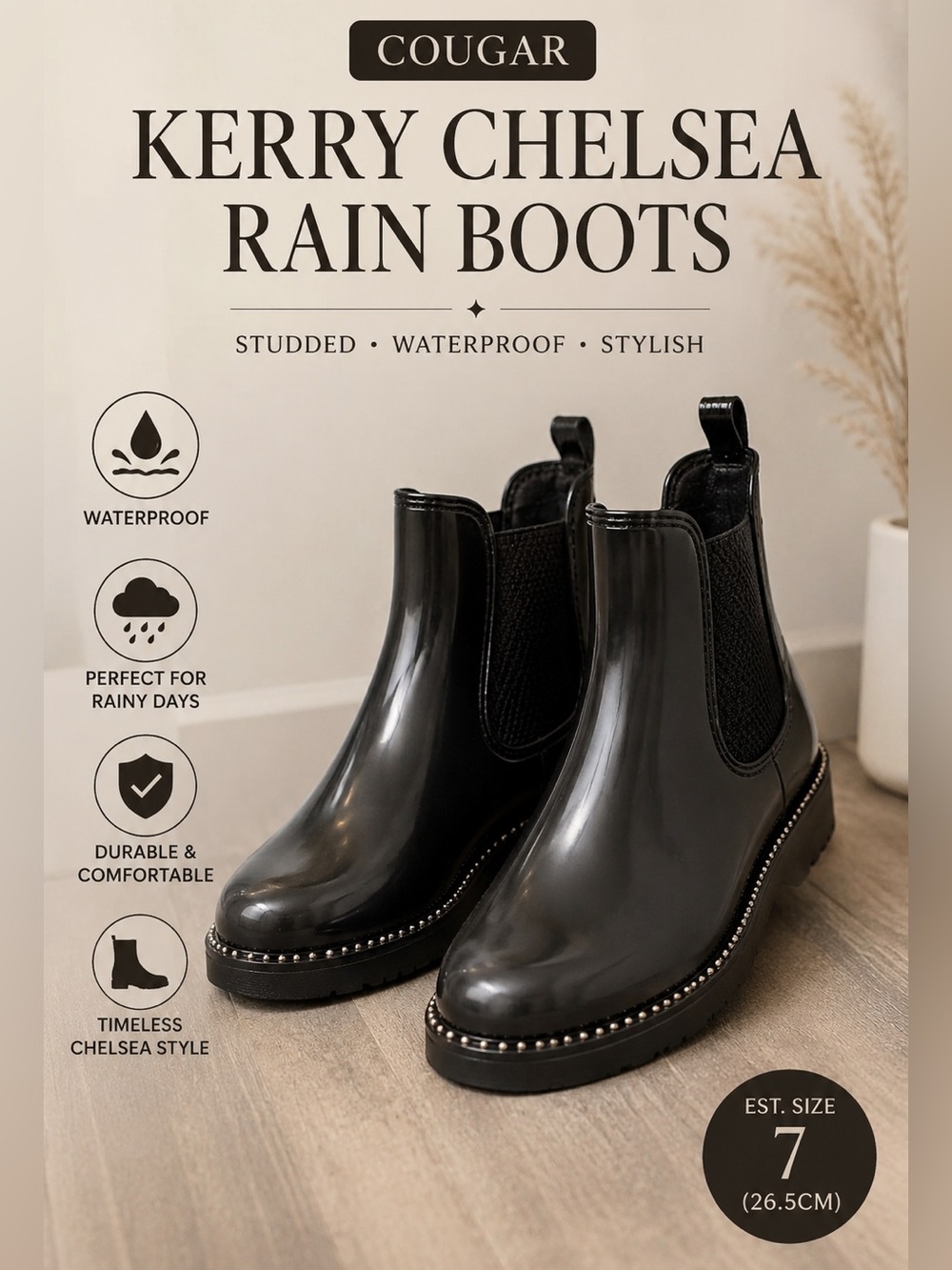 Cougar Kerry Chelsea Rain Boots Studded Waterproof Black [Est. Size 7 / 26.5cm]